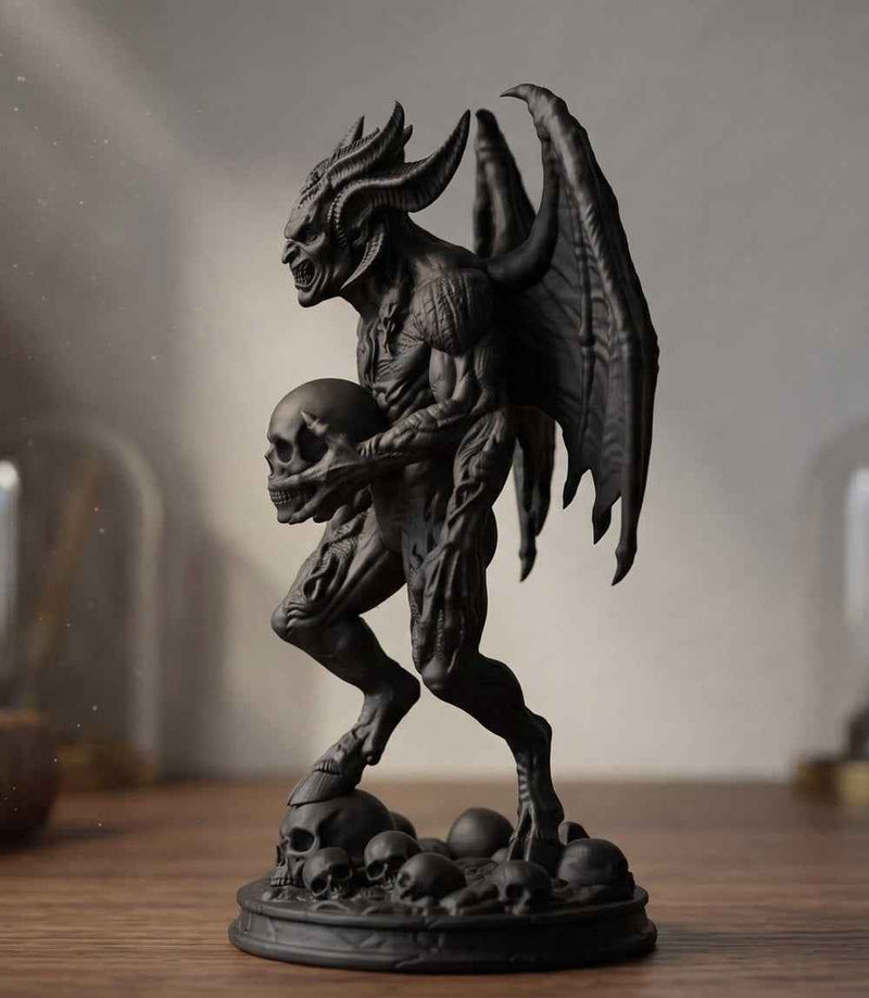Statua Demone Alato Bafometto in Resina Nera – Scultura Gotica Lucifero con Teschio e Corna | Arredo Esoterico e Occulto