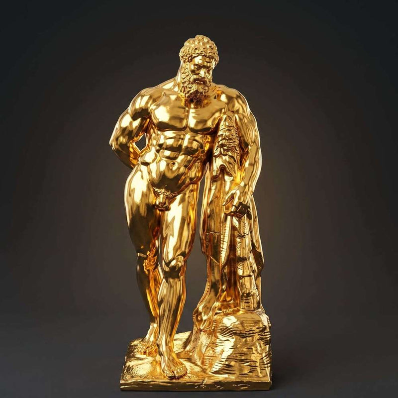Statua dorata Ercole Farnese in resina con finitura oro lucido e dettagli anatomici classici