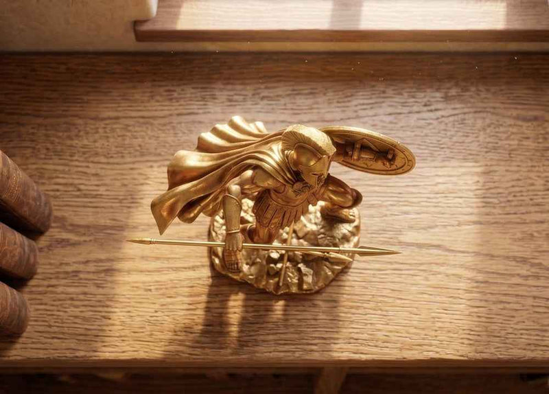 Statua Guerriero Spartano in Resina Dorata – Scultura Dinamica Re Leonida in Battaglia con Lancia e Scudo | Arredo da Collezione