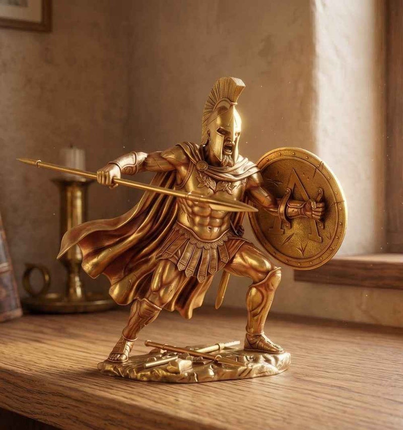 Statua Guerriero Spartano in Resina Dorata – Scultura Dinamica Re Leonida in Battaglia con Lancia e Scudo | Arredo da Collezione