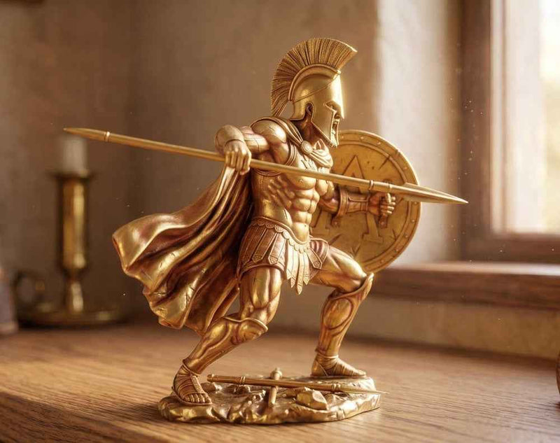 Statua Guerriero Spartano in Resina Dorata – Scultura Dinamica Re Leonida in Battaglia con Lancia e Scudo | Arredo da Collezione