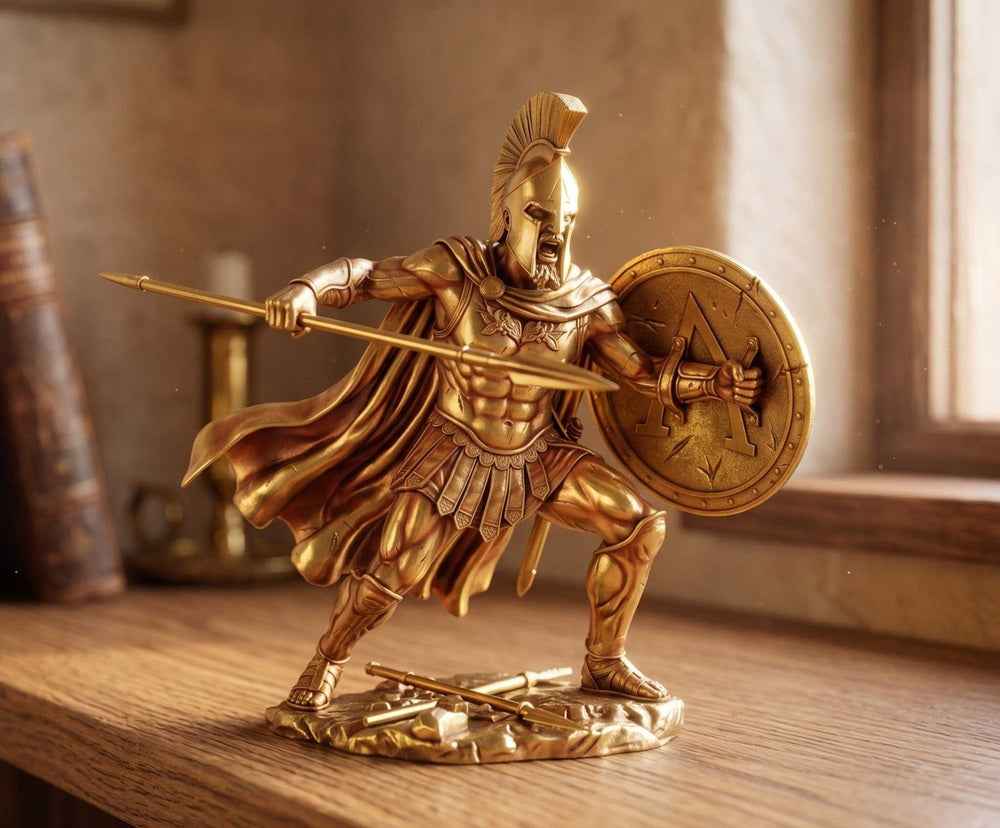 Statua Guerriero Spartano in Resina Dorata – Scultura Dinamica Re Leonida in Battaglia con Lancia e Scudo | Arredo da Collezione