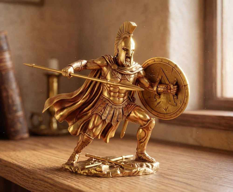 Statua Guerriero Spartano in Resina Dorata – Scultura Dinamica Re Leonida in Battaglia con Lancia e Scudo | Arredo da Collezione