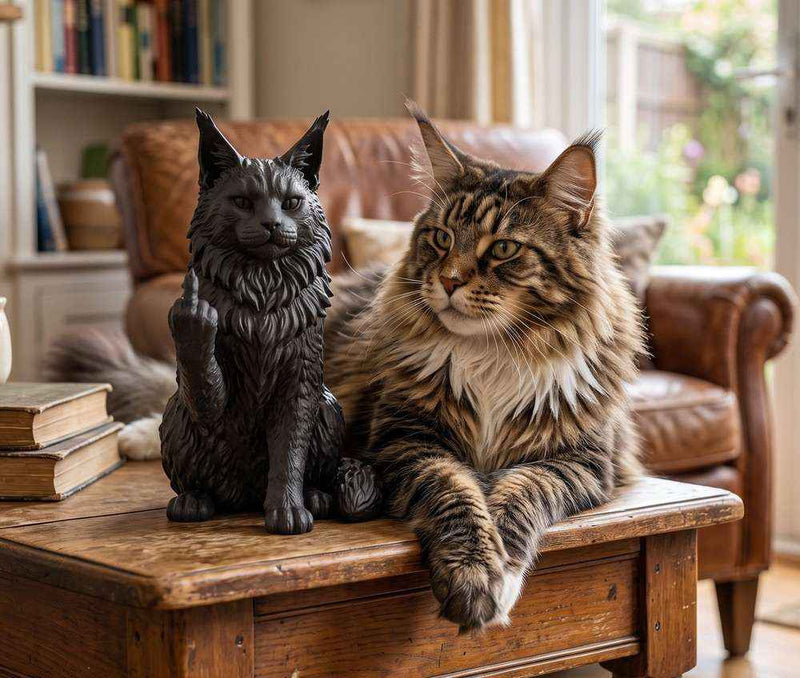 Statua Maine Coon Nero in Resina – Scultura Elegante per Amanti dei Gatti