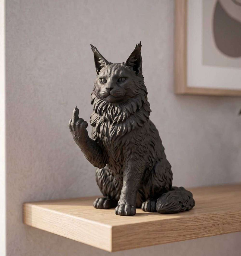 Statua Maine Coon nero in resina con finitura opaca, scultura elegante per amanti dei gatti
