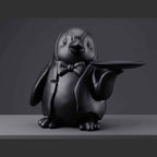 Statua Pinguino Maggiordomo Svuotatasche in Resina Nera Opaca – Porta Chiavi, Gioielli e Monete da Ingresso e Scrivania