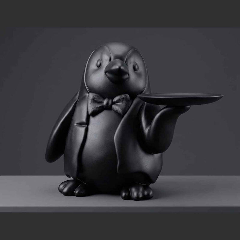 Statua Pinguino Maggiordomo Svuotatasche in Resina Nera Opaca – Porta Chiavi, Gioielli e Monete da Ingresso e Scrivania