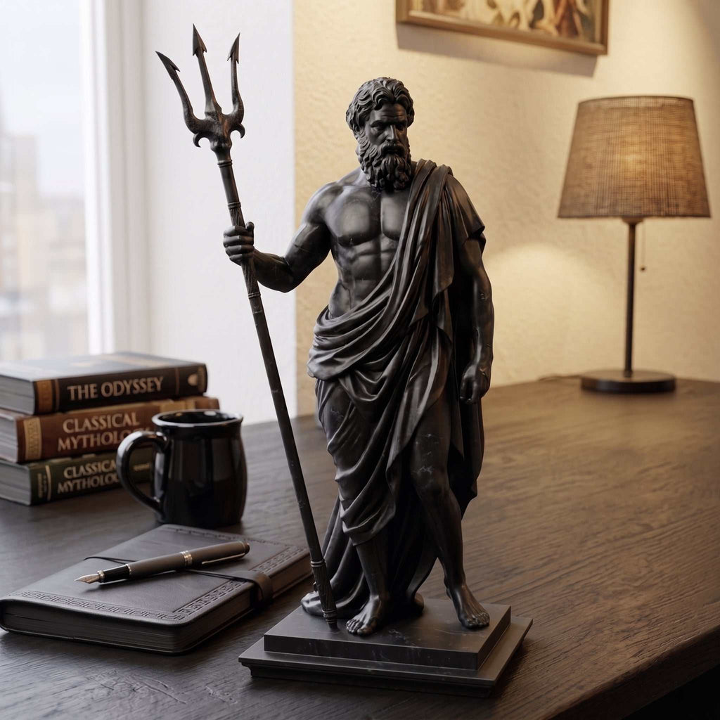 Statua poseidone nera in resina con tridente per arredo moderno e studio dark academia