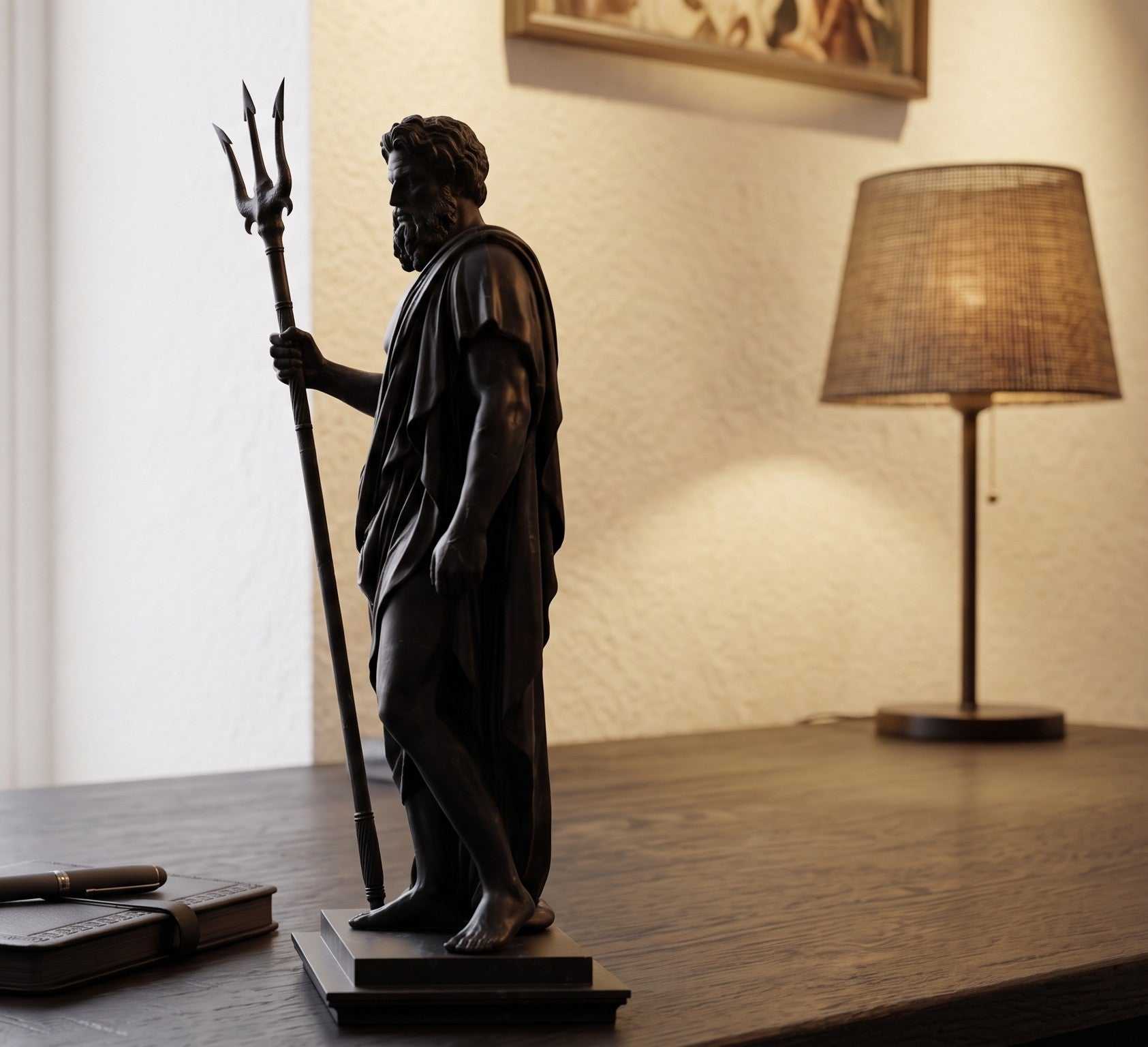 Estatua de Poseidón en negro mate con tridente: escultura mitológica de resina negra para decoración moderna del hogar y estudio.