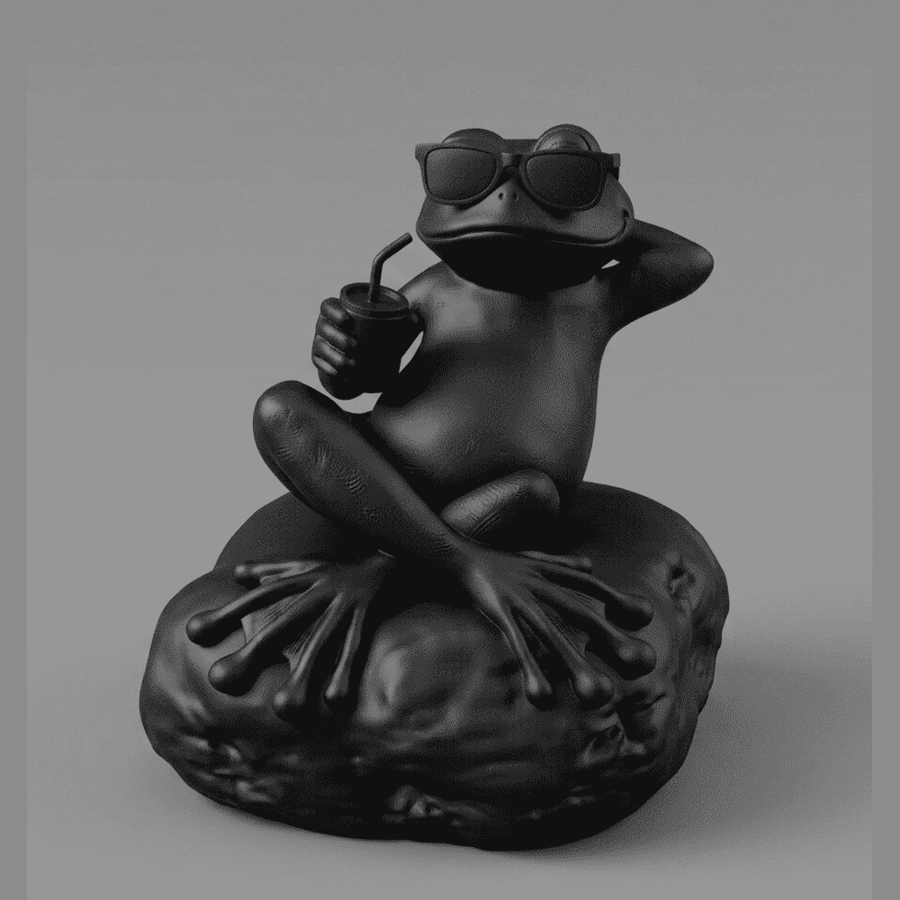 Statua rana relax nera opaca con occhiali da sole e bibita in mano, design moderno e divertente in resina per decorazione casa e ufficio