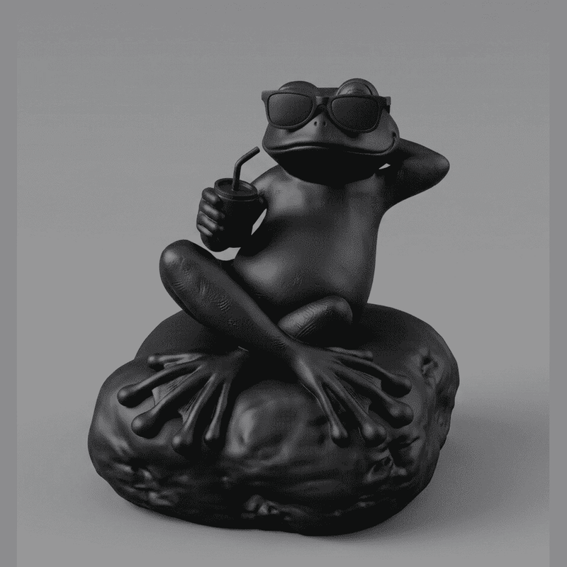 Statua rana relax nera opaca con occhiali da sole e bibita in mano, design moderno e divertente in resina per decorazione casa e ufficio