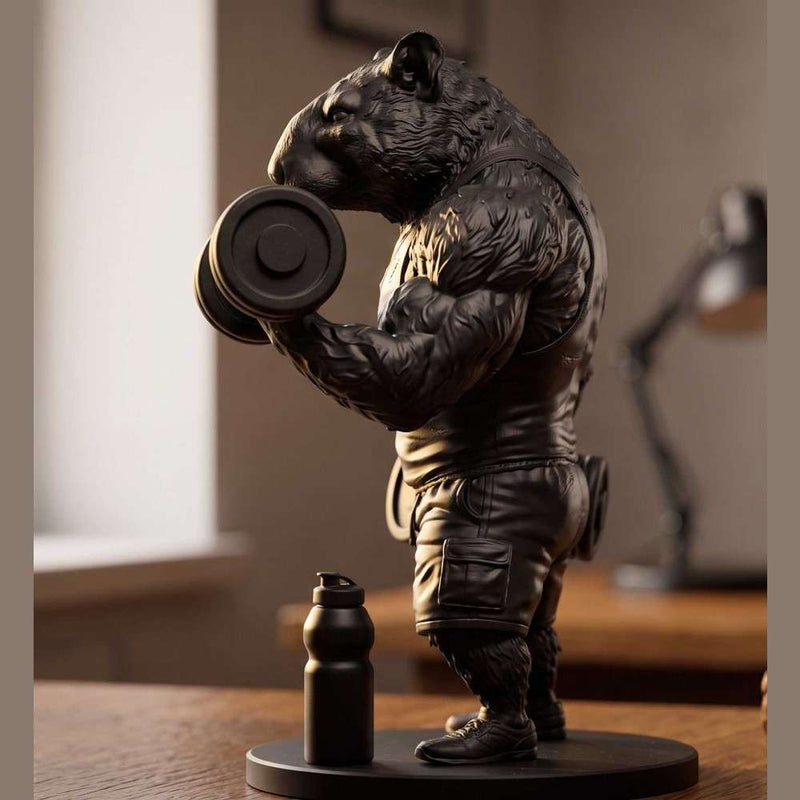 Statua Ratto da Palestra in resina nera opaca con ratto muscoloso che solleva manubri, design fitness per home gym e ufficio.