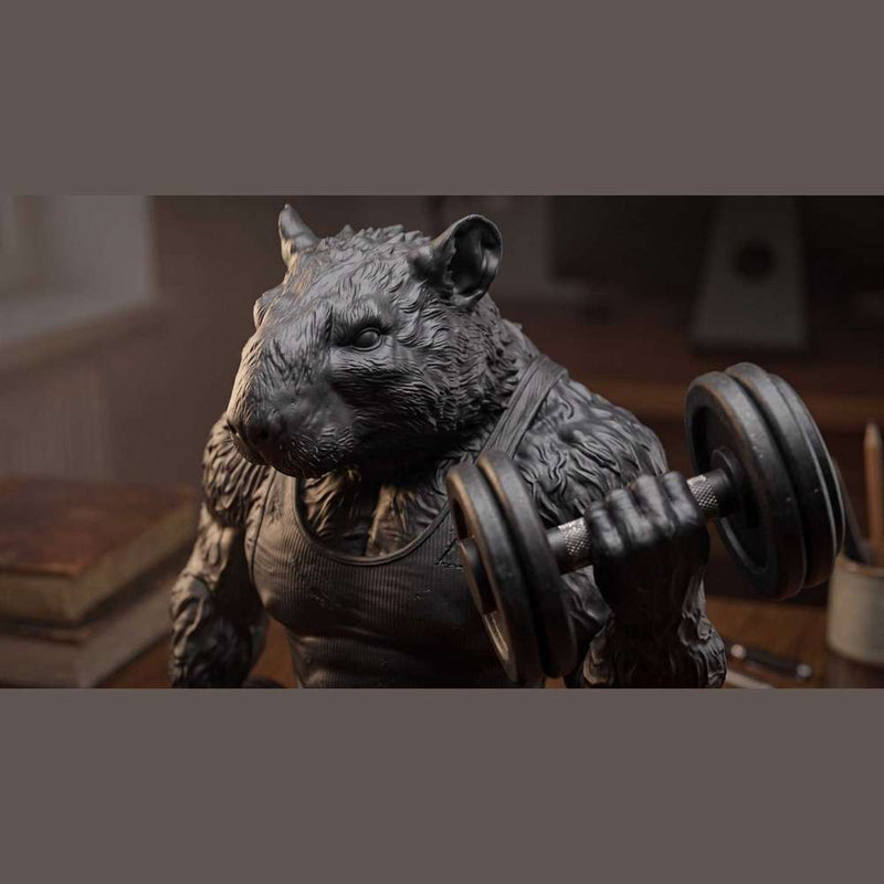 Statua Ratto da Palestra in Resina Nera Opaca – Bodybuilder con Manubri | Scultura Fitness Design per Palestra, Home Gym e Ufficio