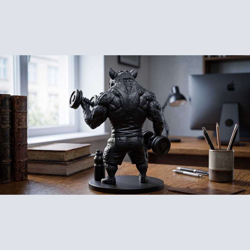 Statua Ratto da Palestra in Resina Nera Opaca – Bodybuilder con Manubri | Scultura Fitness Design per Palestra, Home Gym e Ufficio