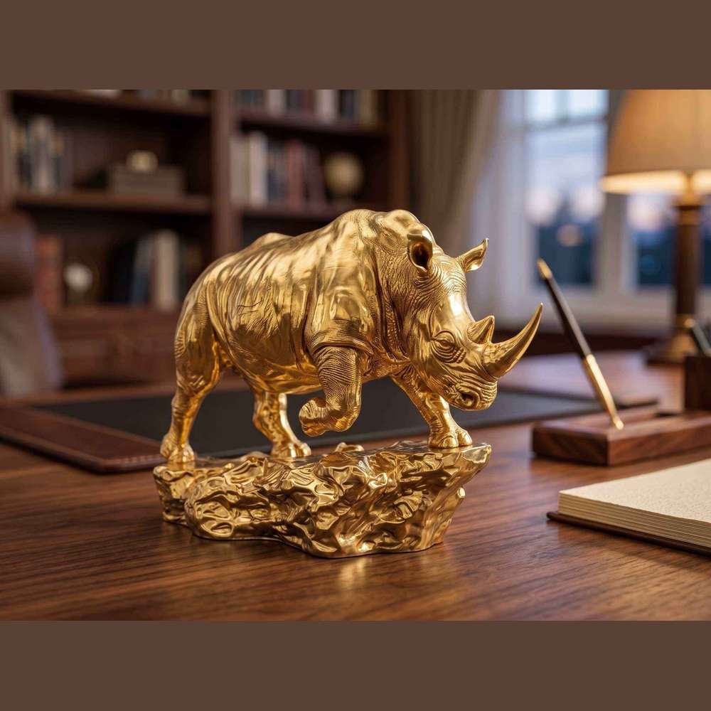 Statua moderna di rinoceronte dorato in resina lucida su base rocciosa per arredo casa e ufficio