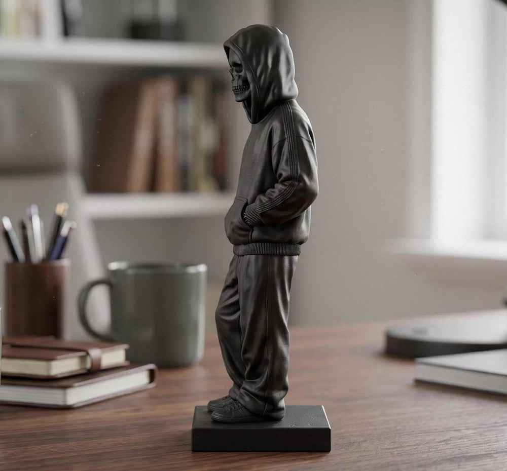 Statua Scheletro Streetwear in Resina Nera – Scultura Ragazzo Chill con Felpa e Cappuccio | Arredo Moderno Urban, Gothic & Desktop