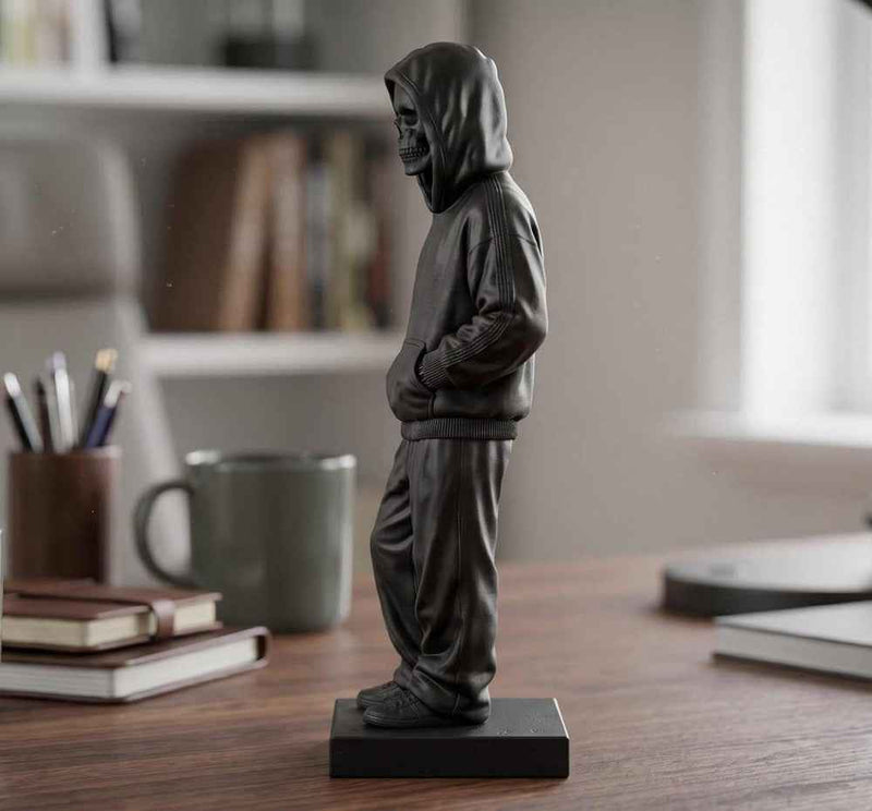 Statua Scheletro Streetwear in Resina Nera – Scultura Ragazzo Chill con Felpa e Cappuccio | Arredo Moderno Urban, Gothic & Desktop