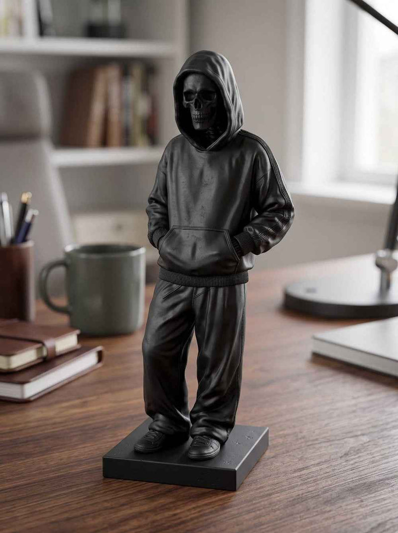 Statua Scheletro Streetwear in Resina Nera – Scultura Ragazzo Chill con Felpa e Cappuccio | Arredo Moderno Urban, Gothic & Desktop