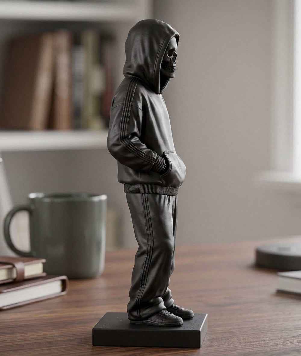 Statua Scheletro Streetwear in Resina Nera – Scultura Ragazzo Chill con Felpa e Cappuccio | Arredo Moderno Urban, Gothic & Desktop