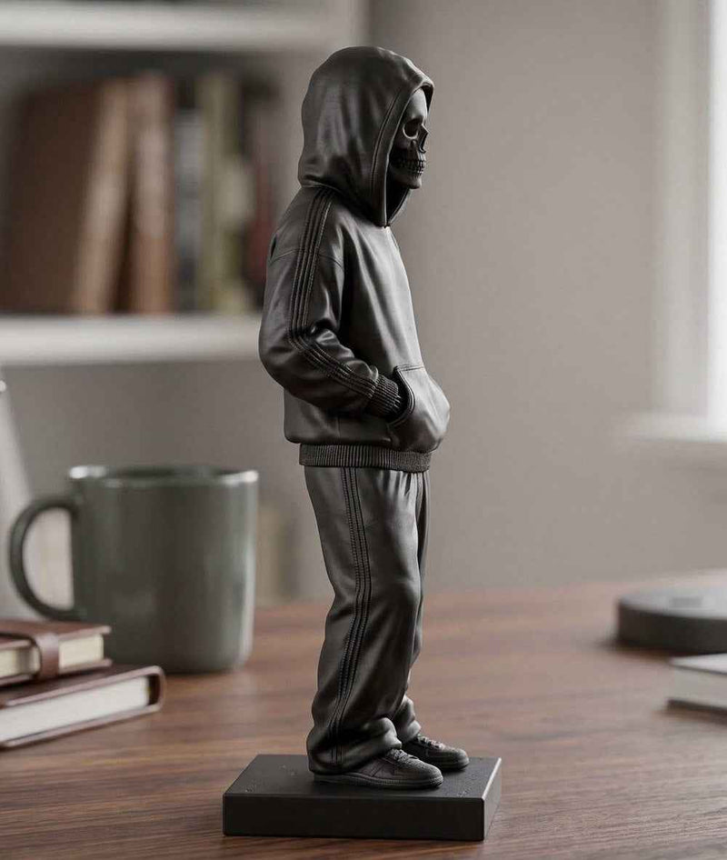 Statua Scheletro Streetwear in Resina Nera – Scultura Ragazzo Chill con Felpa e Cappuccio | Arredo Moderno Urban, Gothic & Desktop