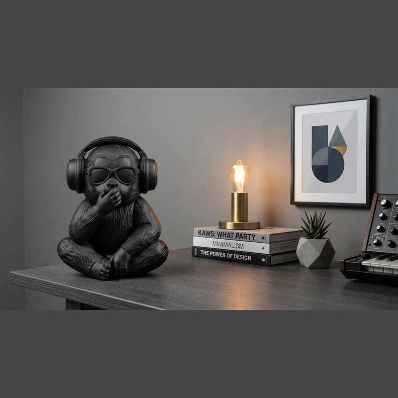 Statua Scimmia DJ con Cuffie e Occhiali Nera Opaca – Statuetta Pop Art Modern "Non Parlo" da Scrivania