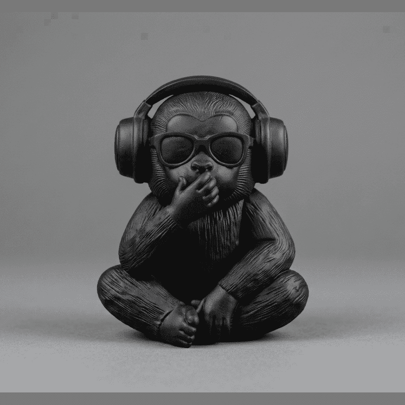 Statua scimmia DJ nera opaca con cuffie e occhiali da sole stile Pop Art moderna da scrivania