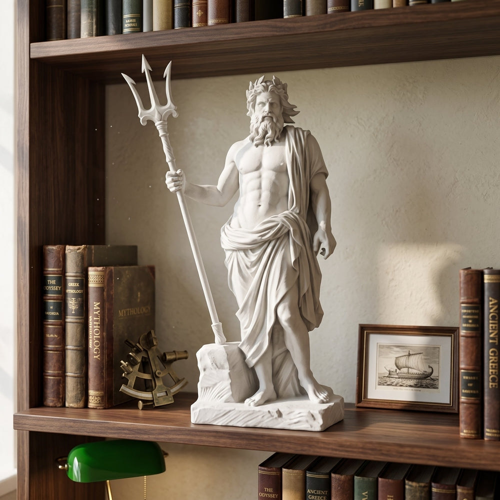 Statua di Poseidone in resina effetto gesso bianco con tridente e dettagli anatomici realistici