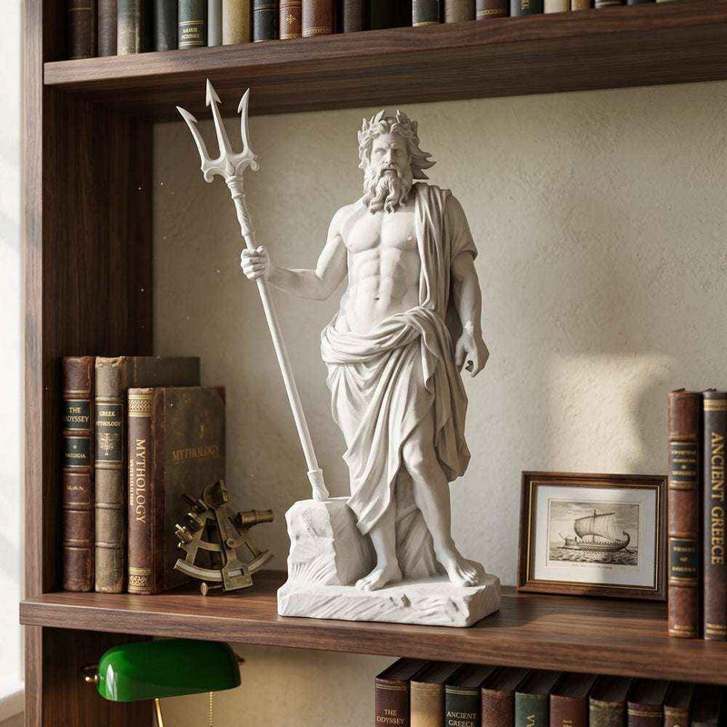 Statua di Poseidone con Tridente in Resina Effetto Gesso Bianco