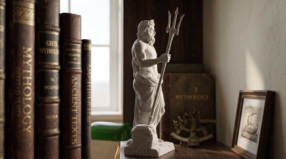 Statua di Poseidone con Tridente in Resina Effetto Gesso Bianco