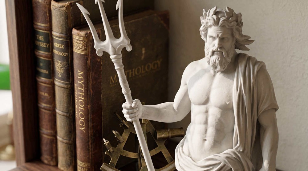 Statua di Poseidone con Tridente in Resina Effetto Gesso Bianco