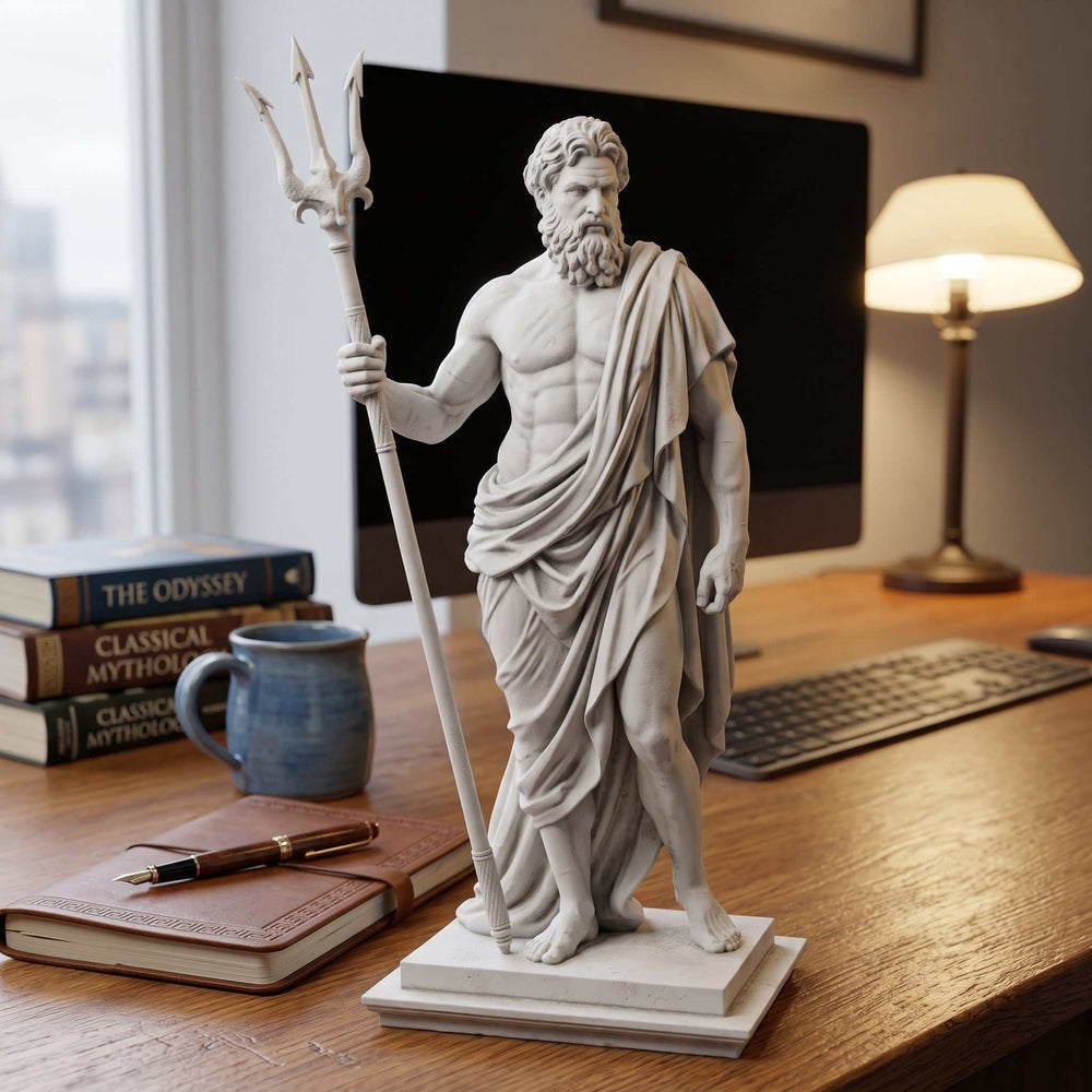 Statua di Poseidone in Resina Effetto gesso con Tridente - Scultura Dio del Mare per Arredo Studio e Scrivania