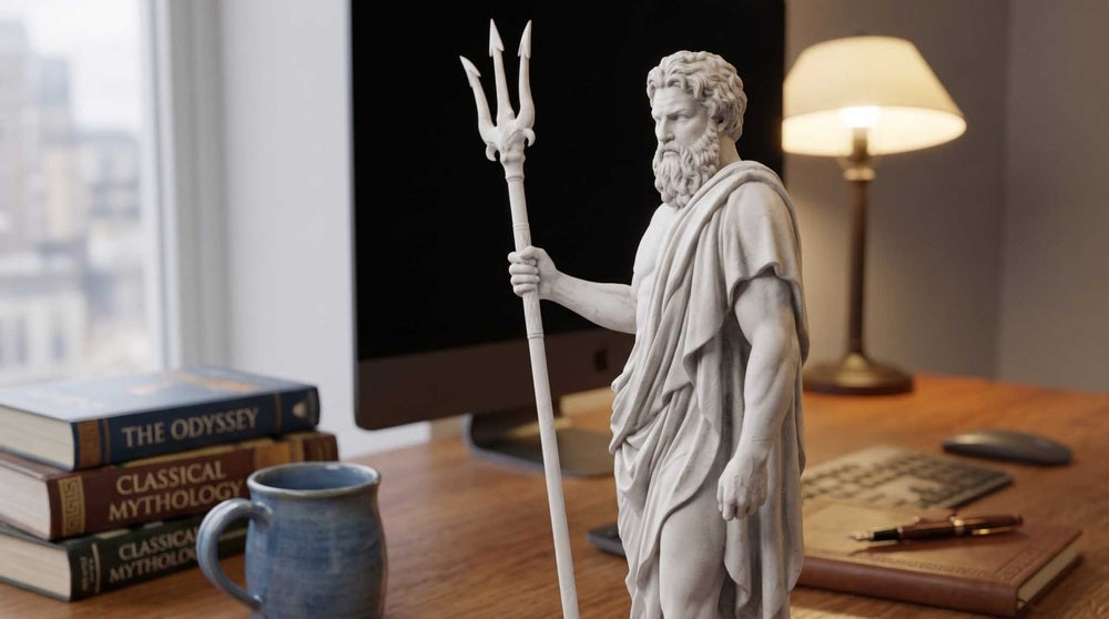 Statua di Poseidone in Resina Effetto gesso con Tridente - Scultura Dio del Mare per Arredo Studio e Scrivania