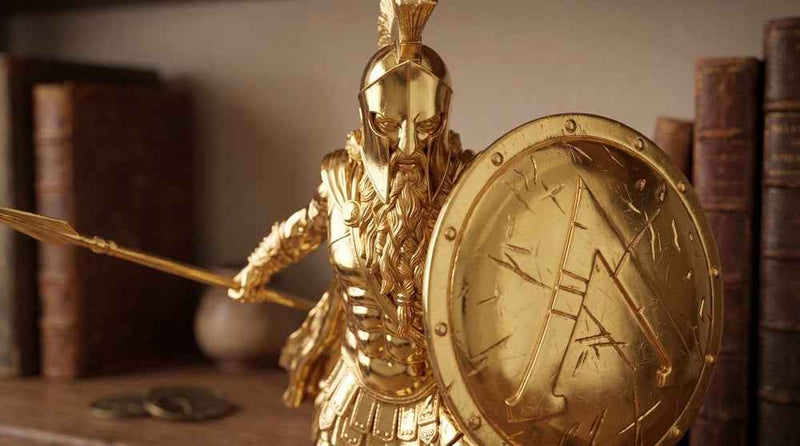 Statuetta Guerriero Spartano in Resina Dorata – Statua Re Leonida con Lancia e Scudo | Arredamento Casa e Studio