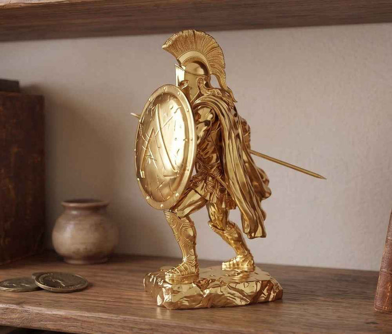 Statuetta Guerriero Spartano in Resina Dorata – Statua Re Leonida con Lancia e Scudo | Arredamento Casa e Studio