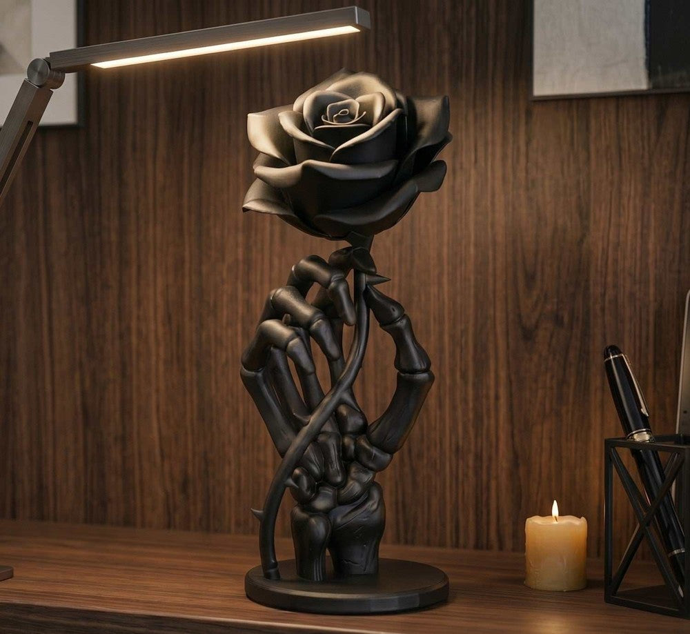 Statuetta Mano Scheletro con Rosa Nera in Resina | Scultura Gotica da Collezione | Arredamento Dark ed Elegante | Regalo Goth