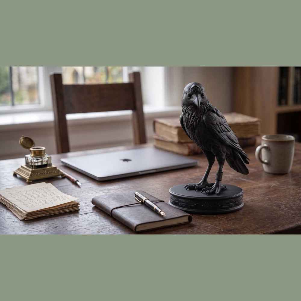 Statuetta di Corvo Nero con Tre Occhi, Elegante Scultura Gotica per Arredamento Casa