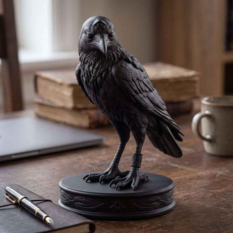 Statuetta di Corvo Nero con Tre Occhi, Elegante Scultura Gotica per Arredamento Casa
