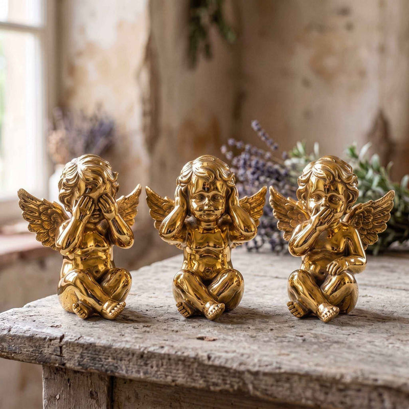 Set 3 Angioletti Dorati "Non Vedo, Non Sento, Non Parlo" – Statuette in Oro Lucido Barocco e Glamour