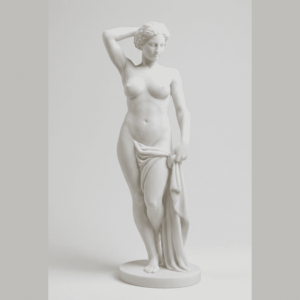 Venus "The Silence of Aphrodite" — Opaque White Resin Statue. A beauty that asks for no attention: captured in silence. A Venus with classic S-shaped sinuousness, realistic drapery, and a serene, composed face. Venus "The Silence of Aphrodite"