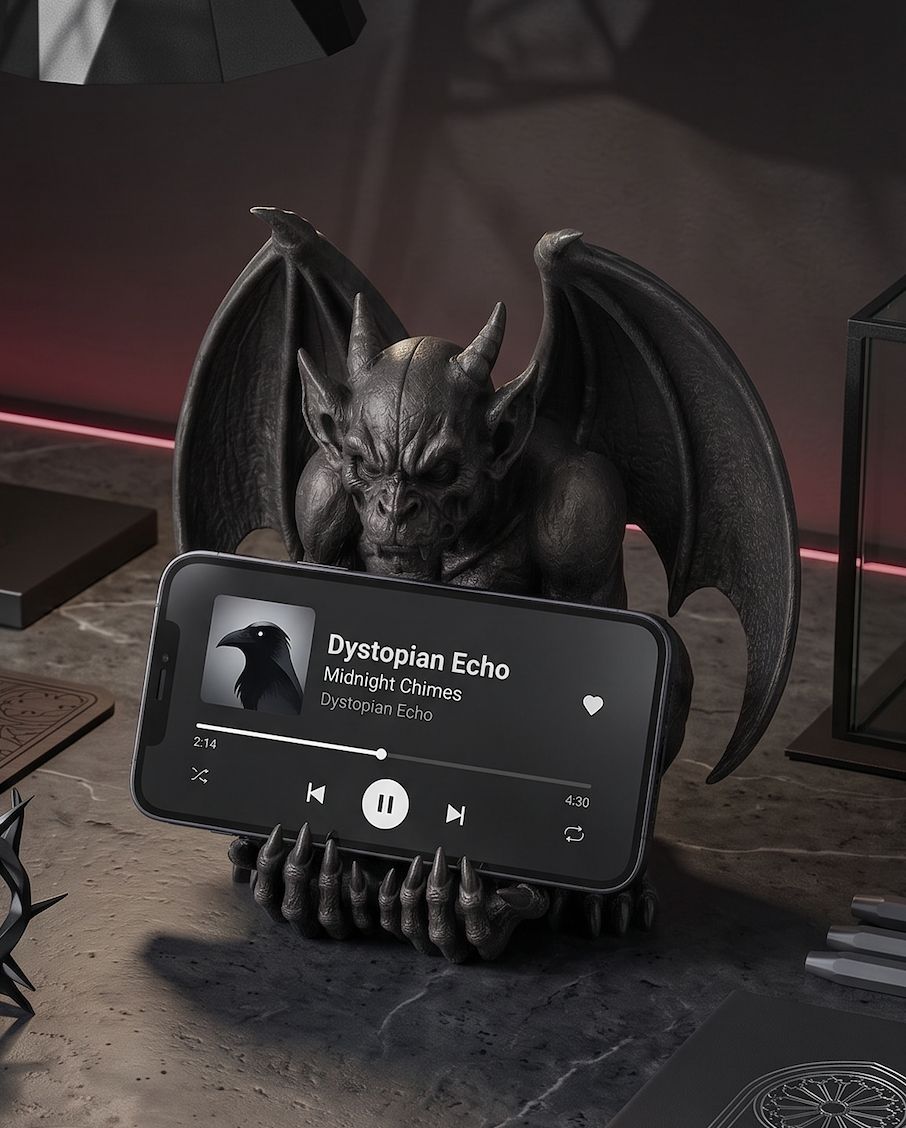 Supporto per smartphone nero opaco a forma di gargoyle in resina stile gotico dark academia