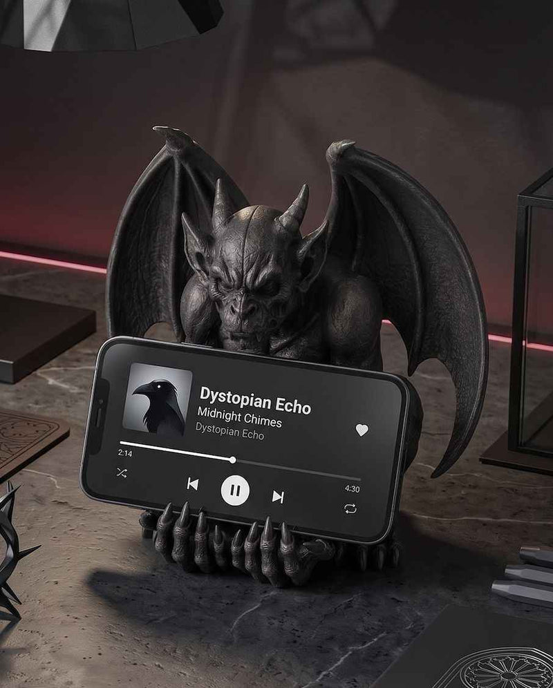 Gargoyle Guardiano — Supporto per Smartphone in Resina Nera Opaca (20 cm)