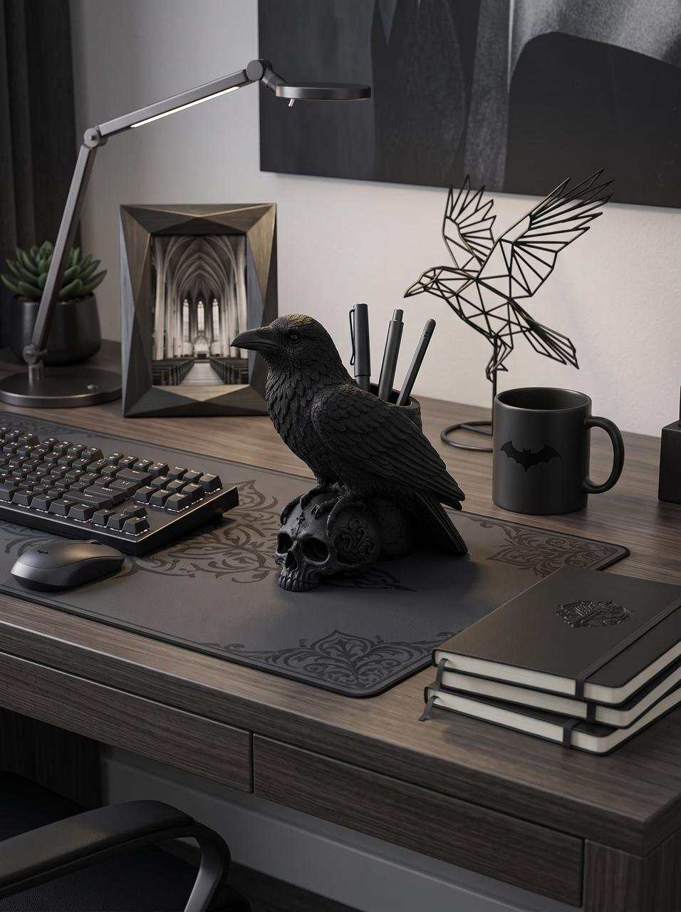 Portapenne Gotico con Corvo su Teschio – Organizer da Scrivania in Stile Dark Academia