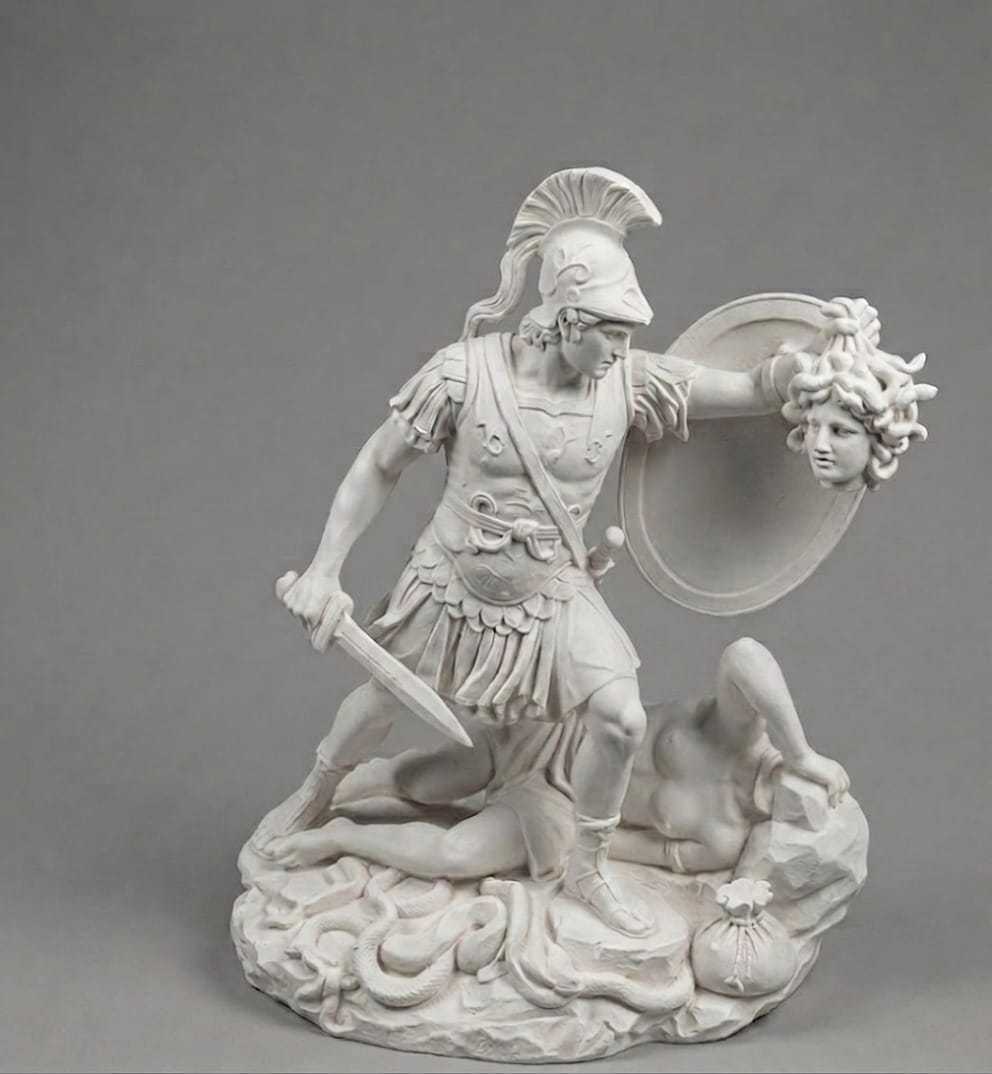 Scultura in resina di Perseo che tiene la testa di Medusa, dettaglio mitologico in stile neoclassico