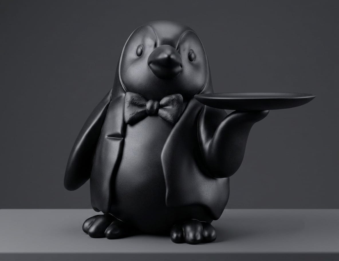 Statua pinguino maggiordomo in resina nera opaca con vassoio porta chiavi e gioielli elegante e funzionale