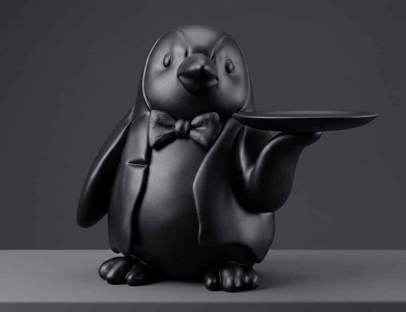 Statua Pinguino Maggiordomo Svuotatasche in Resina Nera Opaca – Porta Chiavi, Gioielli e Monete da Ingresso e Scrivania