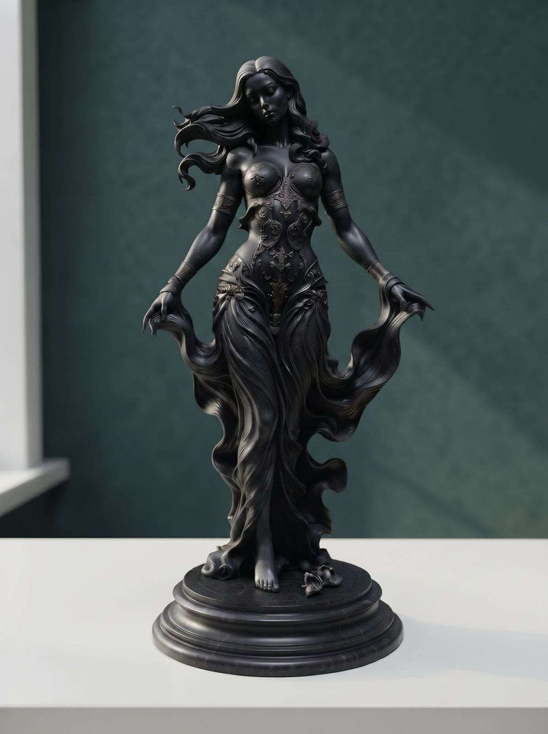 Statua Afrodite Nera in resina nero satinato, scultura gotica con corsetto intagliato