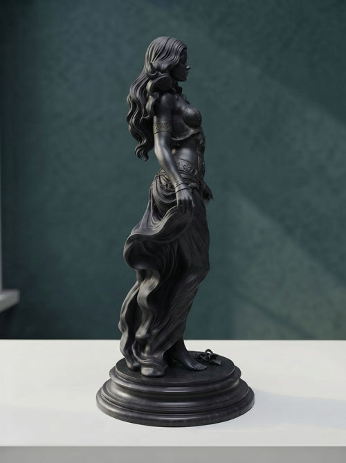  « Aphrodite noire » en résine noire satinée-Sculpture décorative de style gothique fantastique avec buste sculpté et drapé fluide-Élégante pièce de collection pour salon et bureau