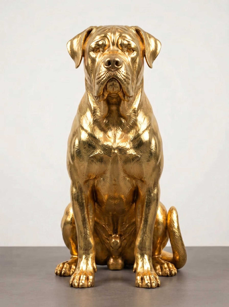 Statua Cane Corso dorata in resina, vista laterale dettaglio muscolatura