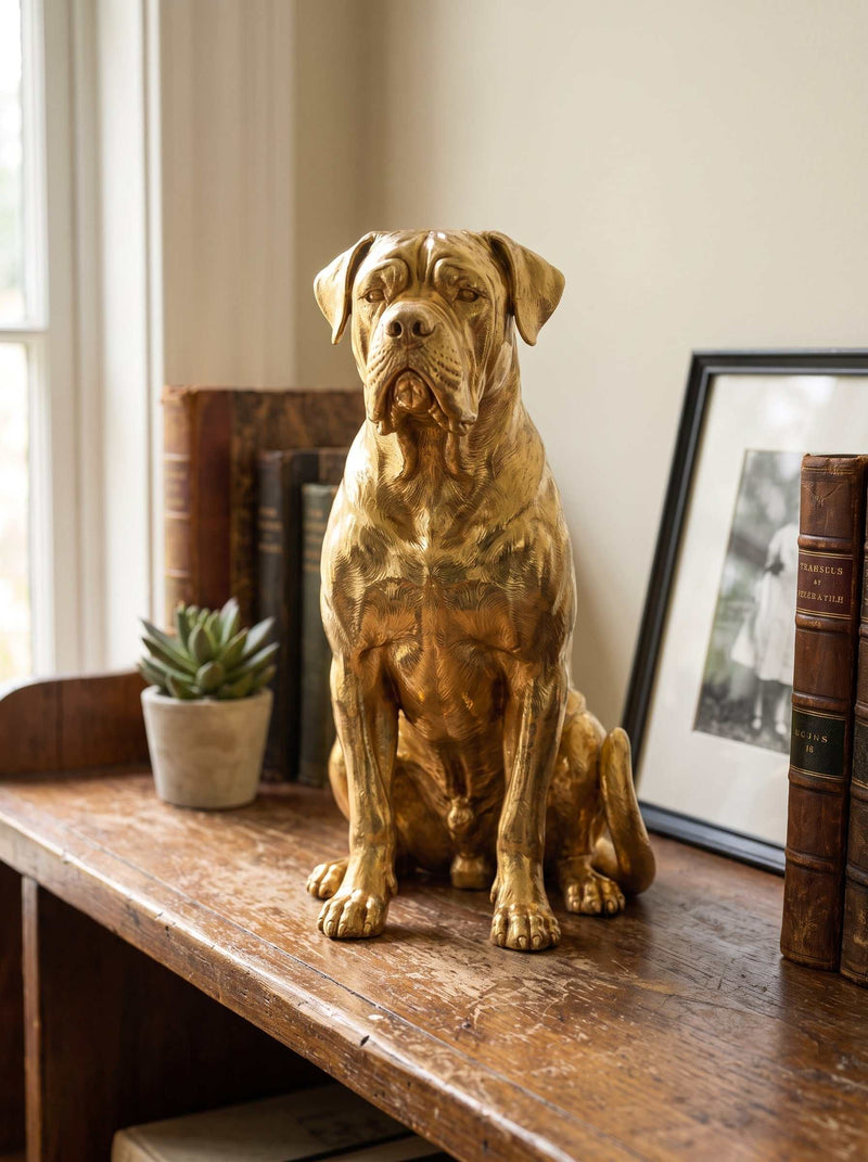Statua cane corso dorata in resina con finitura metallizzata a specchio per arredamento di lusso