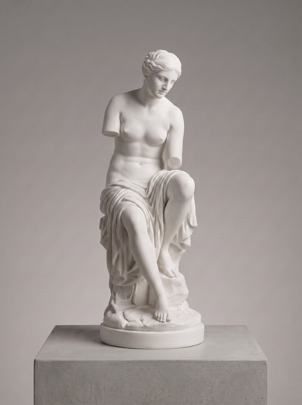 Scultura moderna Venere di Milo in marmo bianco su piedistallo di cemento minimalista